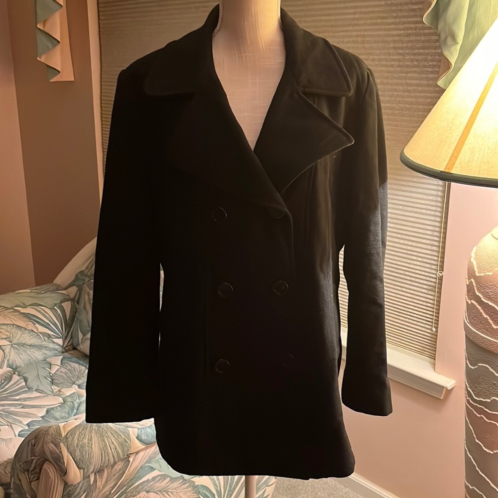 Bromley Collection Black Wool Pea Coat, Size L.